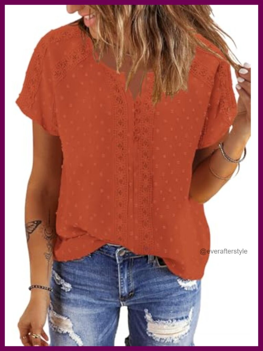 Women's V-Neck Short Sleeve Boho Tunic Top Flowy Peasant Blouse